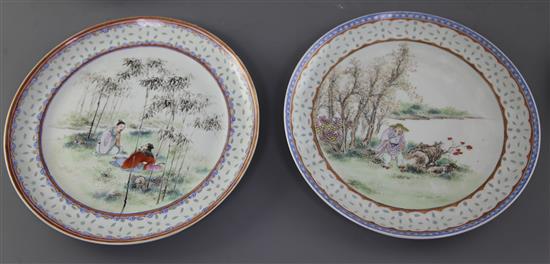 Six unusual Chinese famille rose rice-grain bordered plates, Guangxu period (1875-1908), 22.5cm
